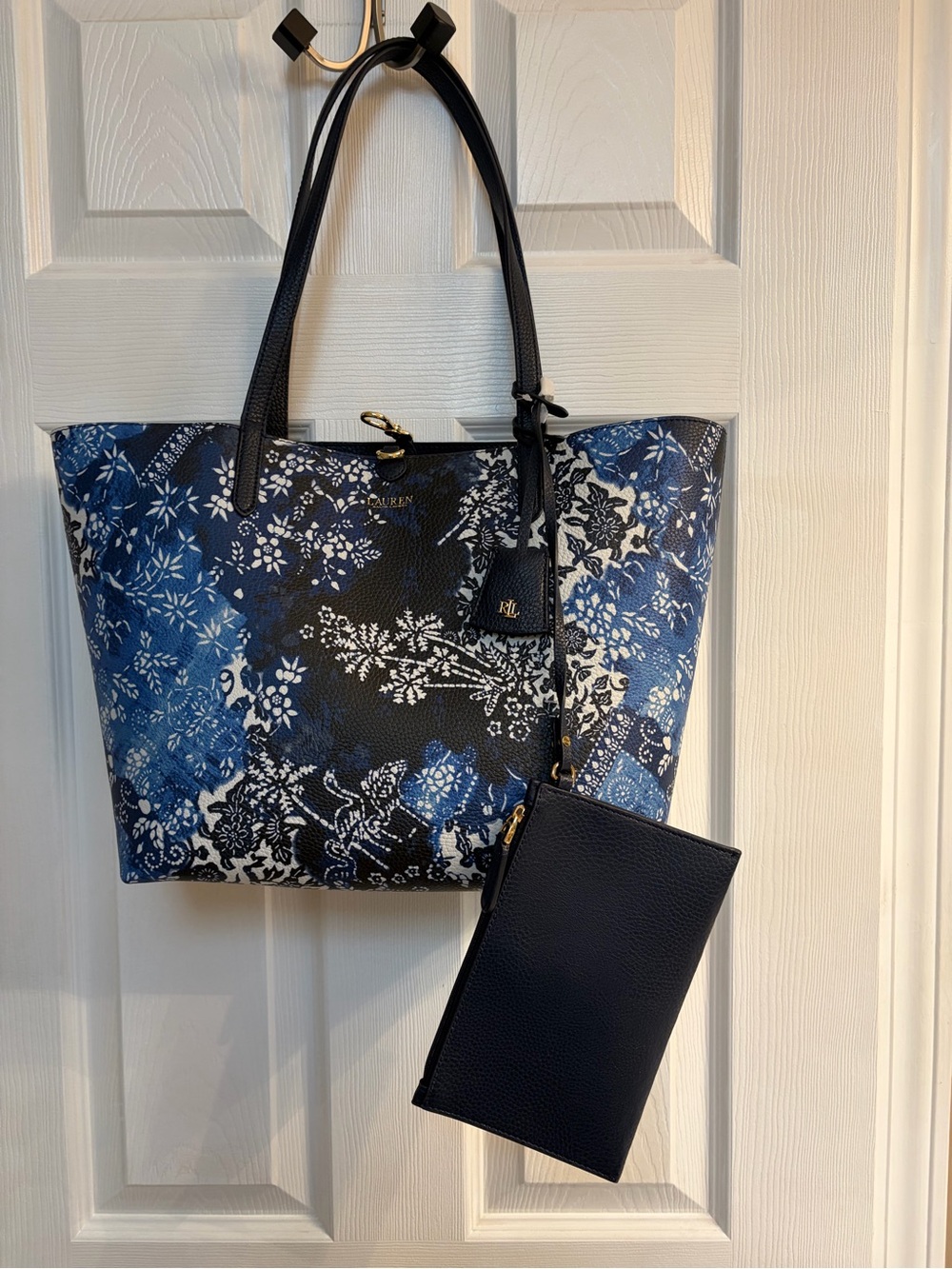 Lauren Ralph Lauren Navy and Blue Floral Tote with Navy Pouch- NWOT
